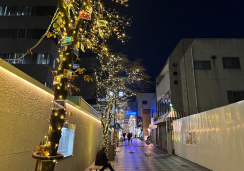 オリオン通りに、イルミネーションとともに子どもたちの作品を飾っています！